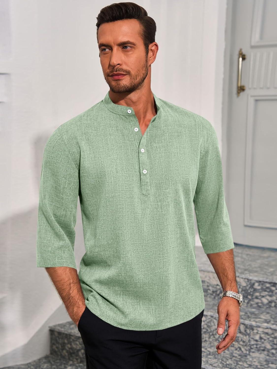 imageRuncati Mens Linen Henley Shirts Casual Lightweight 34 Sleeve TShirt Summer Beach Yoga Hippie TopsOlive Green