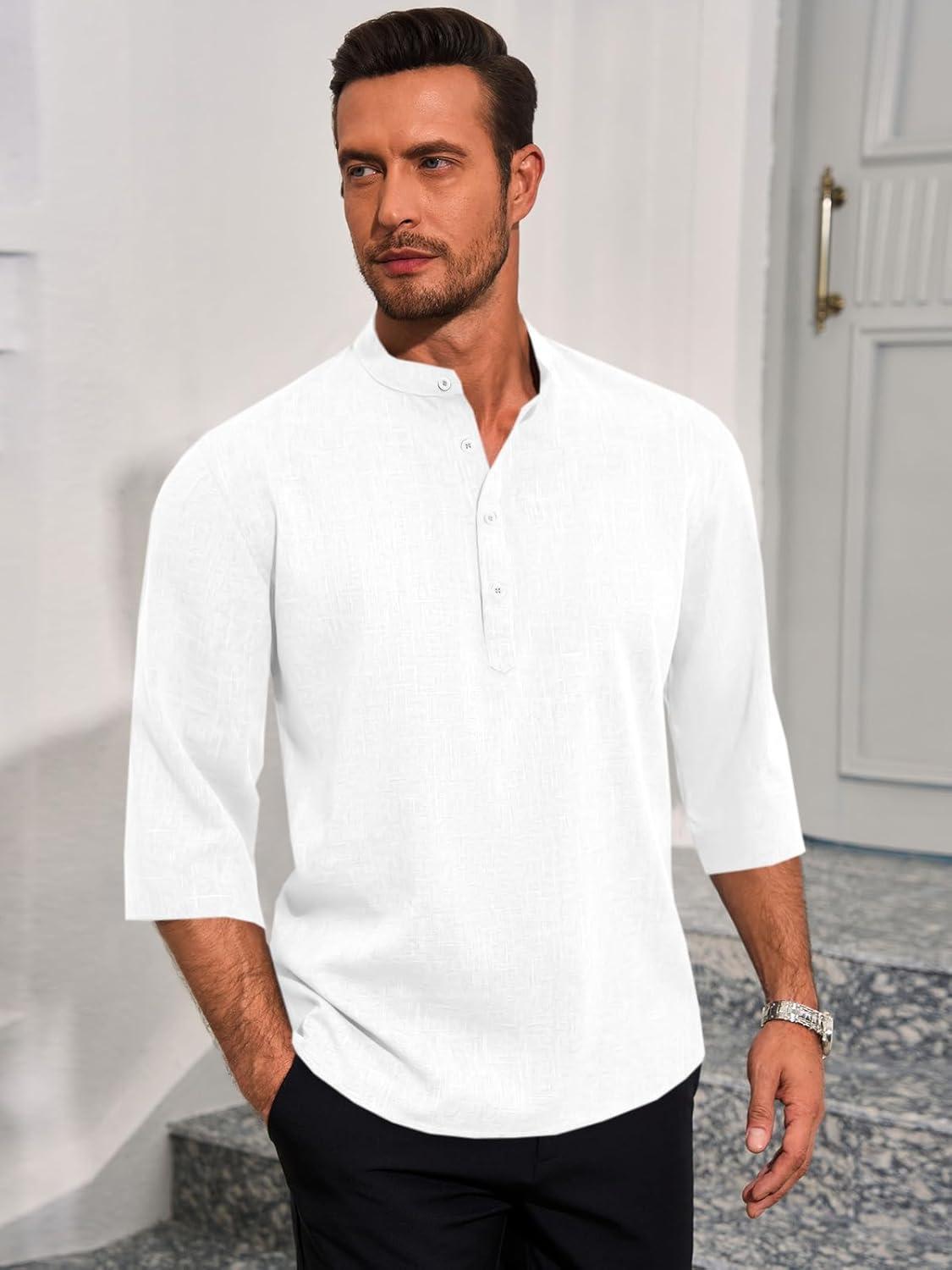 imageRuncati Mens Linen Henley Shirts Casual Lightweight 34 Sleeve TShirt Summer Beach Yoga Hippie TopsWhite