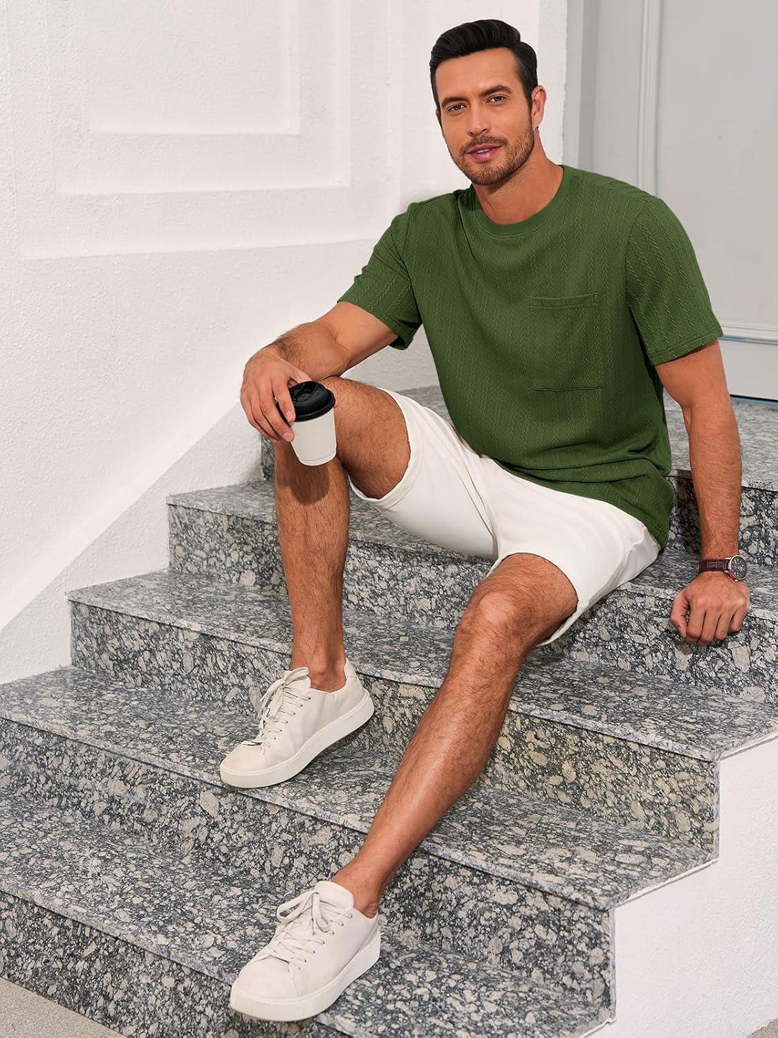 imageRuncati Mens Short Sleeve TShirts Casual Knit Texture Crewneck Pocket Tee Tops Loose Fit Summer ShirtArmy Green