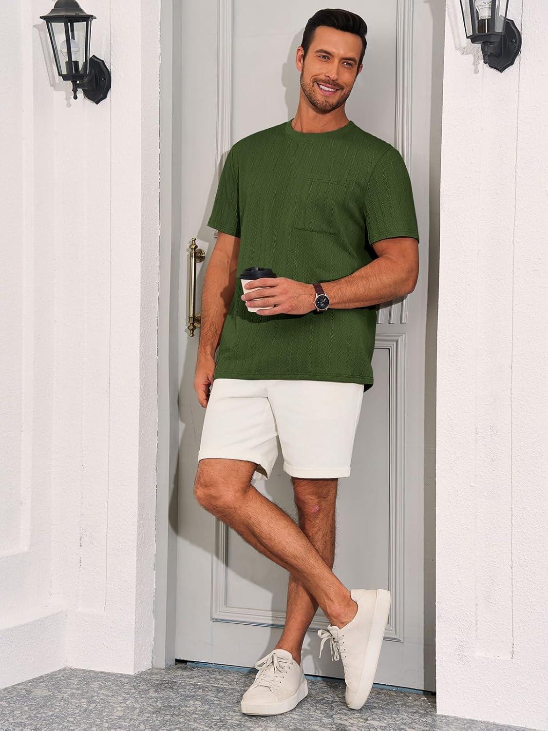 imageRuncati Mens Short Sleeve TShirts Casual Knit Texture Crewneck Pocket Tee Tops Loose Fit Summer ShirtArmy Green