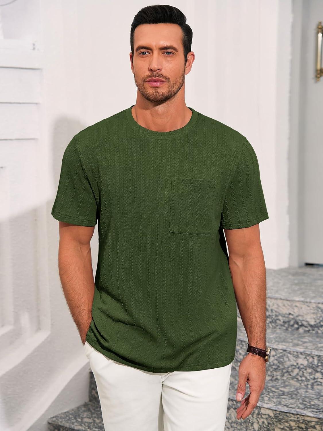 imageRuncati Mens Short Sleeve TShirts Casual Knit Texture Crewneck Pocket Tee Tops Loose Fit Summer ShirtArmy Green