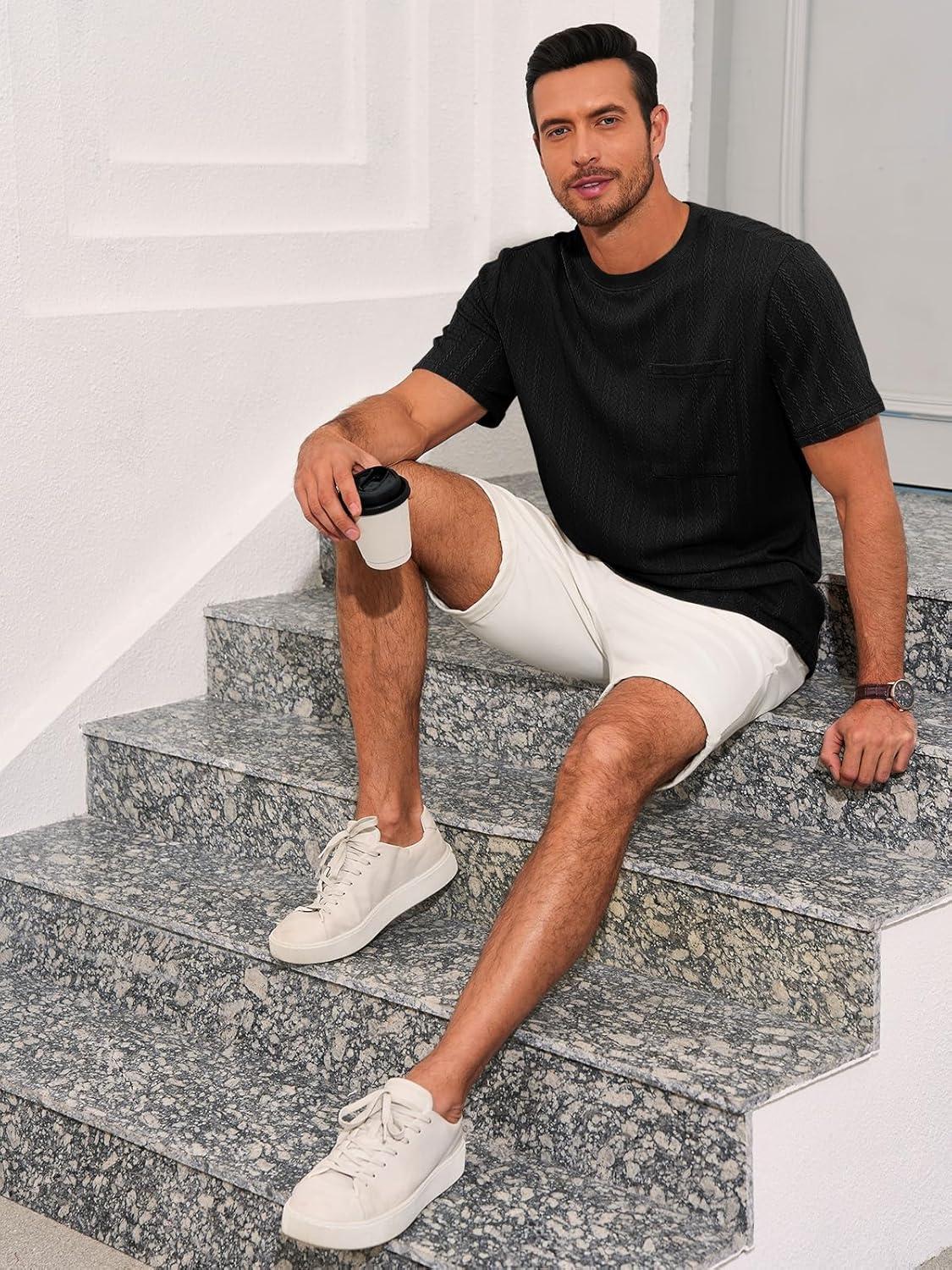 imageRuncati Mens Short Sleeve TShirts Casual Knit Texture Crewneck Pocket Tee Tops Loose Fit Summer ShirtBlack