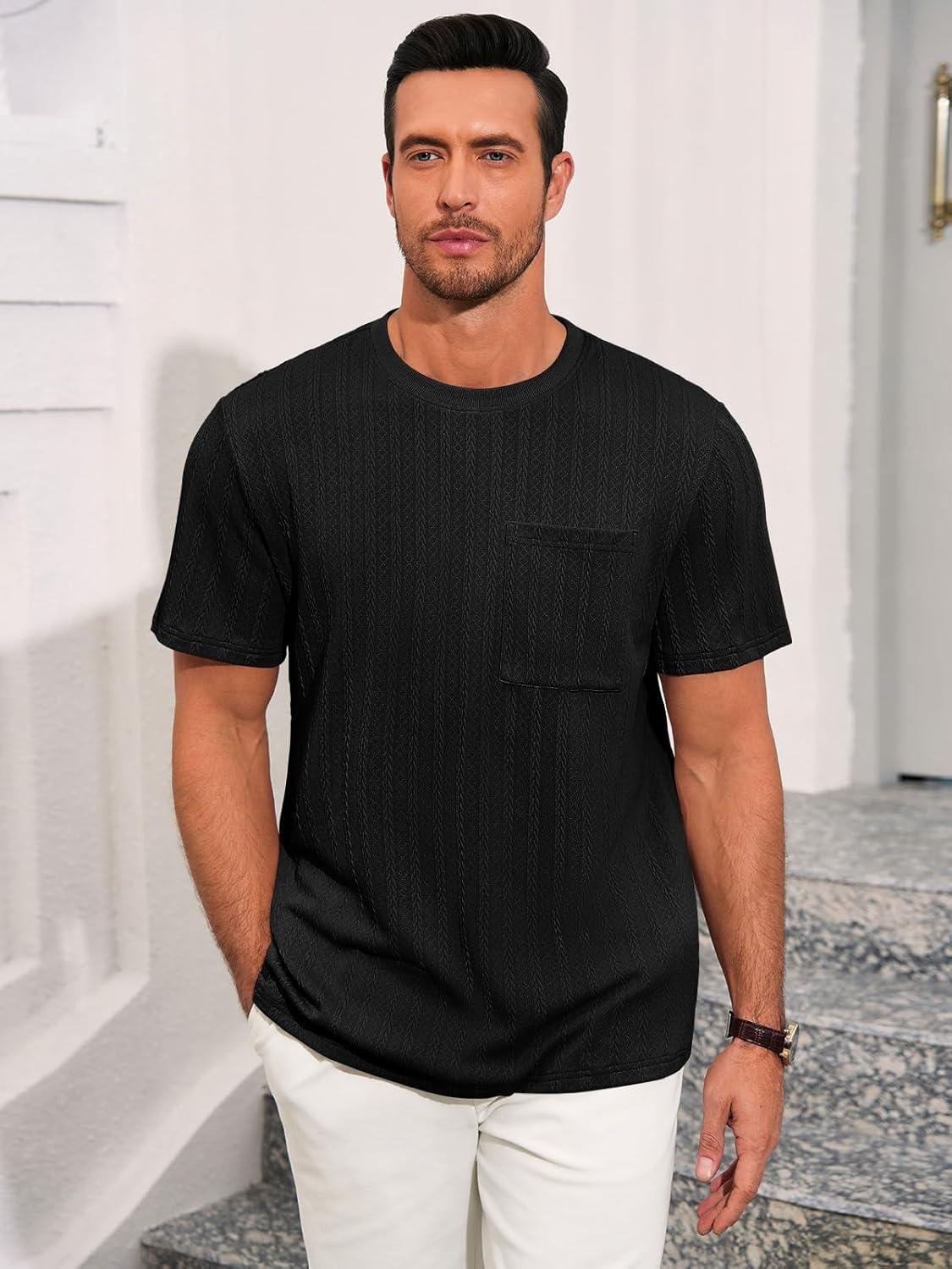 imageRuncati Mens Short Sleeve TShirts Casual Knit Texture Crewneck Pocket Tee Tops Loose Fit Summer ShirtBlack
