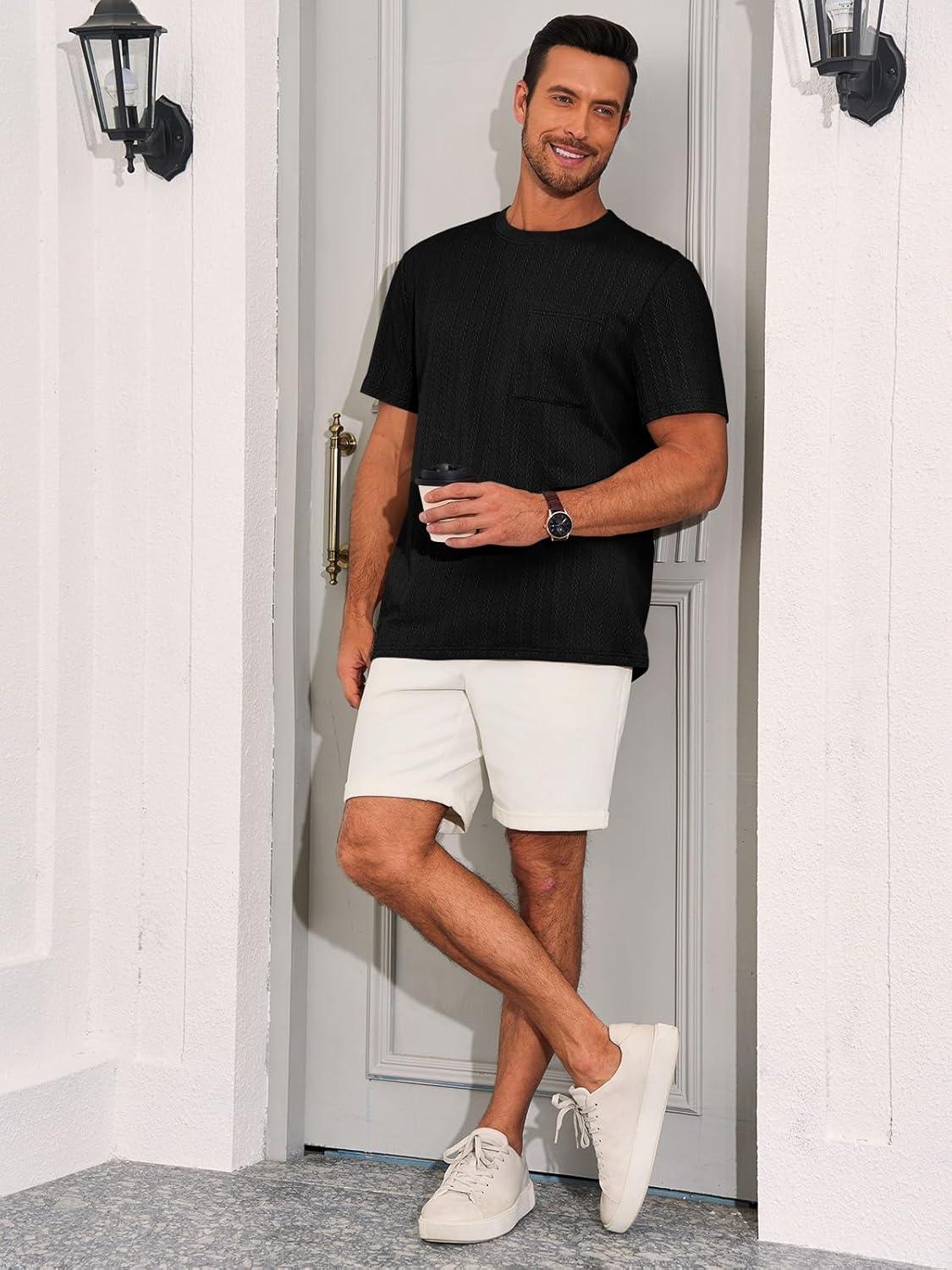 imageRuncati Mens Short Sleeve TShirts Casual Knit Texture Crewneck Pocket Tee Tops Loose Fit Summer ShirtBlack