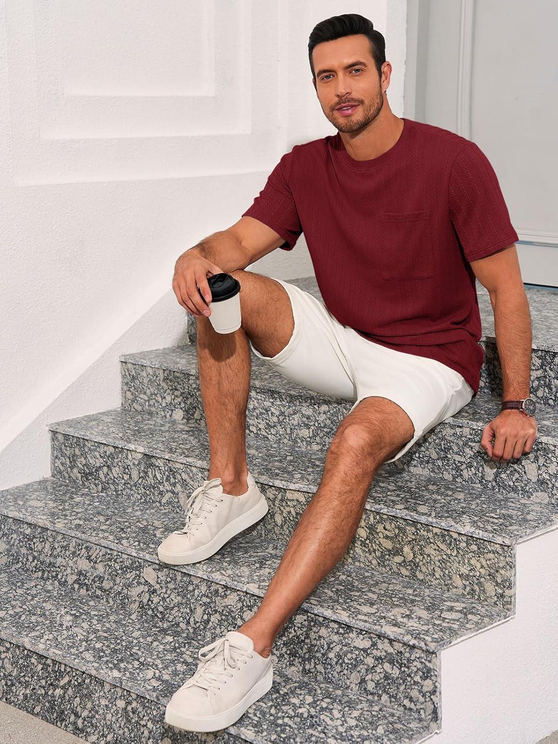 imageRuncati Mens Short Sleeve TShirts Casual Knit Texture Crewneck Pocket Tee Tops Loose Fit Summer ShirtBurgundy