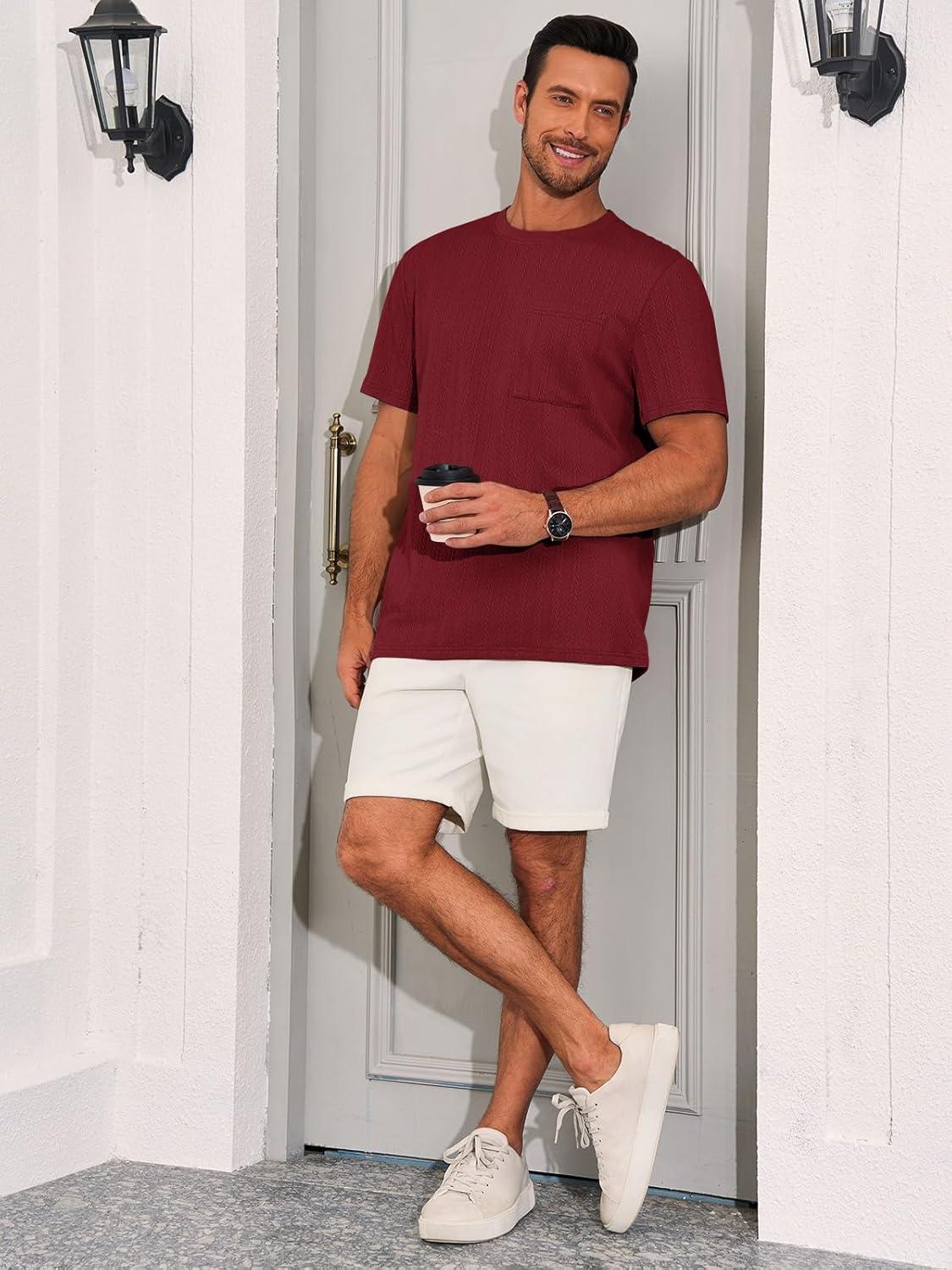 imageRuncati Mens Short Sleeve TShirts Casual Knit Texture Crewneck Pocket Tee Tops Loose Fit Summer ShirtBurgundy