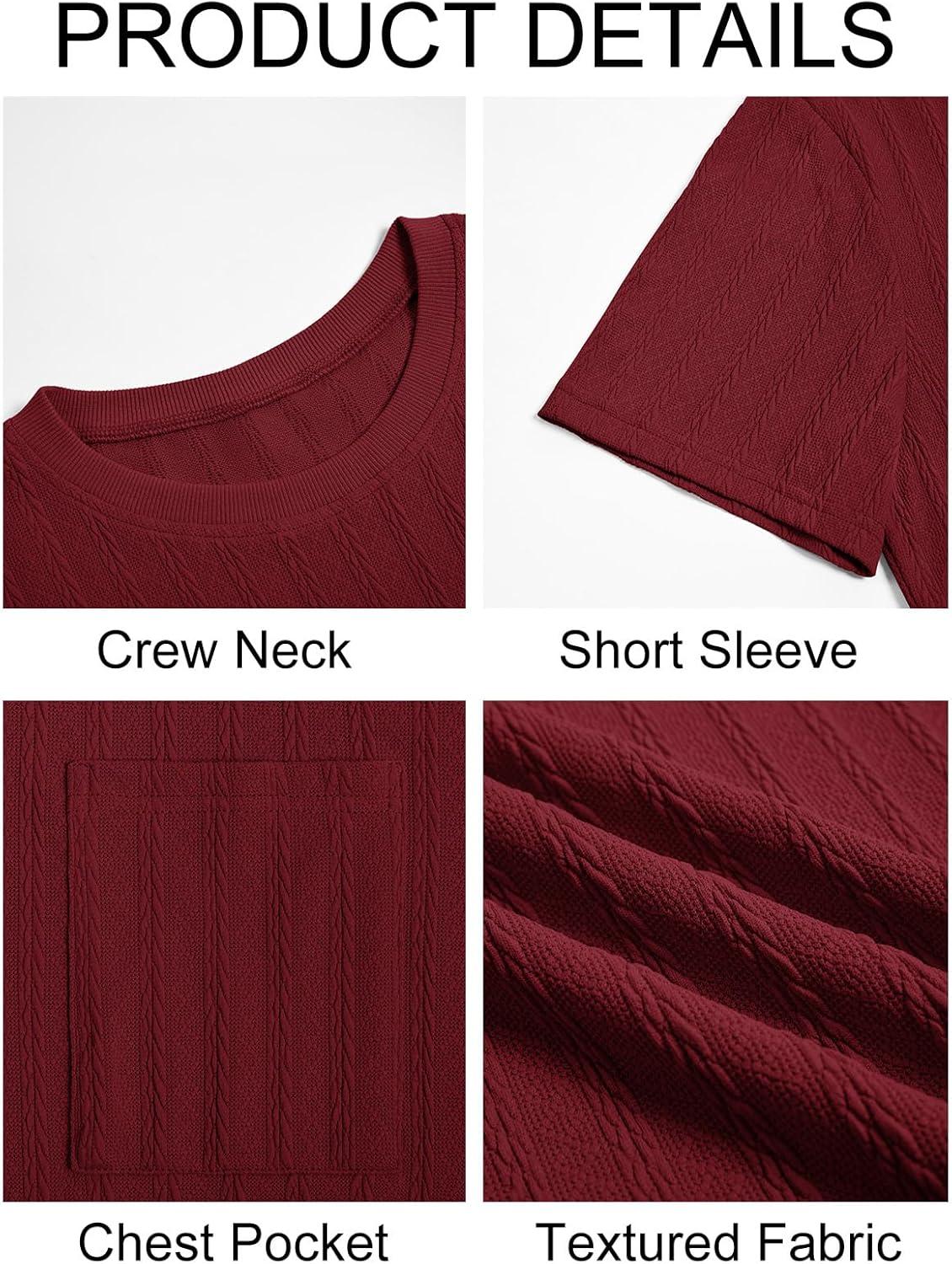 imageRuncati Mens Short Sleeve TShirts Casual Knit Texture Crewneck Pocket Tee Tops Loose Fit Summer ShirtBurgundy