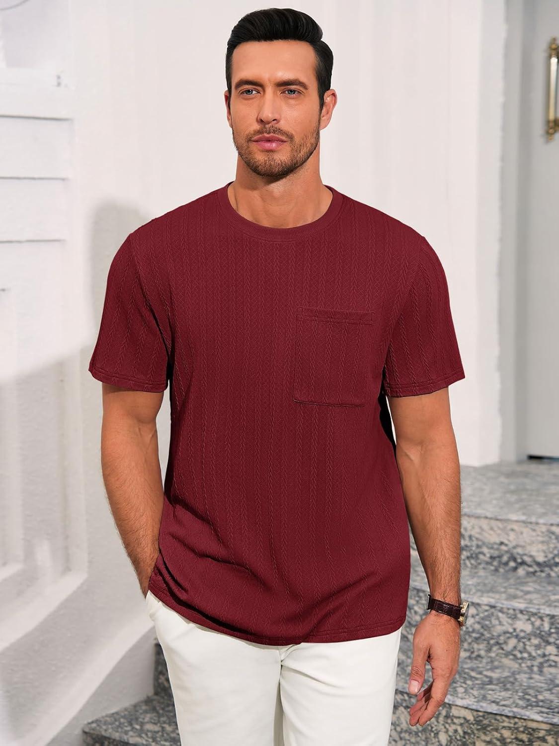 imageRuncati Mens Short Sleeve TShirts Casual Knit Texture Crewneck Pocket Tee Tops Loose Fit Summer ShirtBurgundy