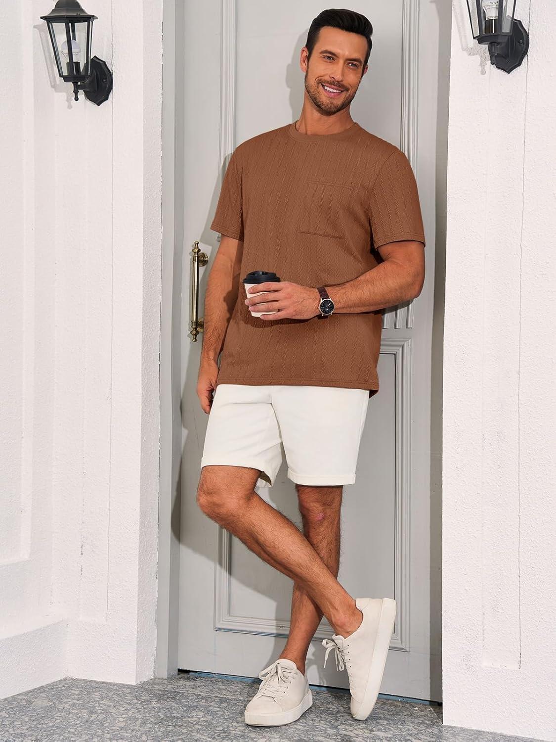 imageRuncati Mens Short Sleeve TShirts Casual Knit Texture Crewneck Pocket Tee Tops Loose Fit Summer ShirtCoffee