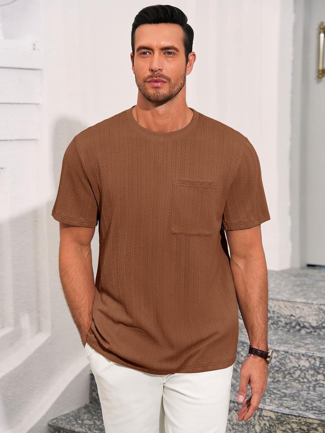imageRuncati Mens Short Sleeve TShirts Casual Knit Texture Crewneck Pocket Tee Tops Loose Fit Summer ShirtCoffee