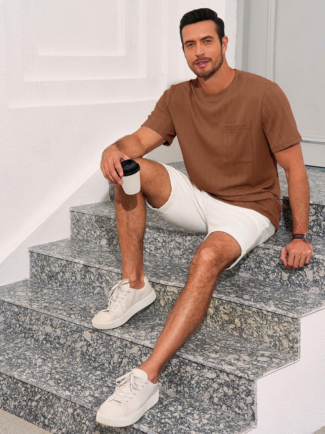 imageRuncati Mens Short Sleeve TShirts Casual Knit Texture Crewneck Pocket Tee Tops Loose Fit Summer ShirtCoffee