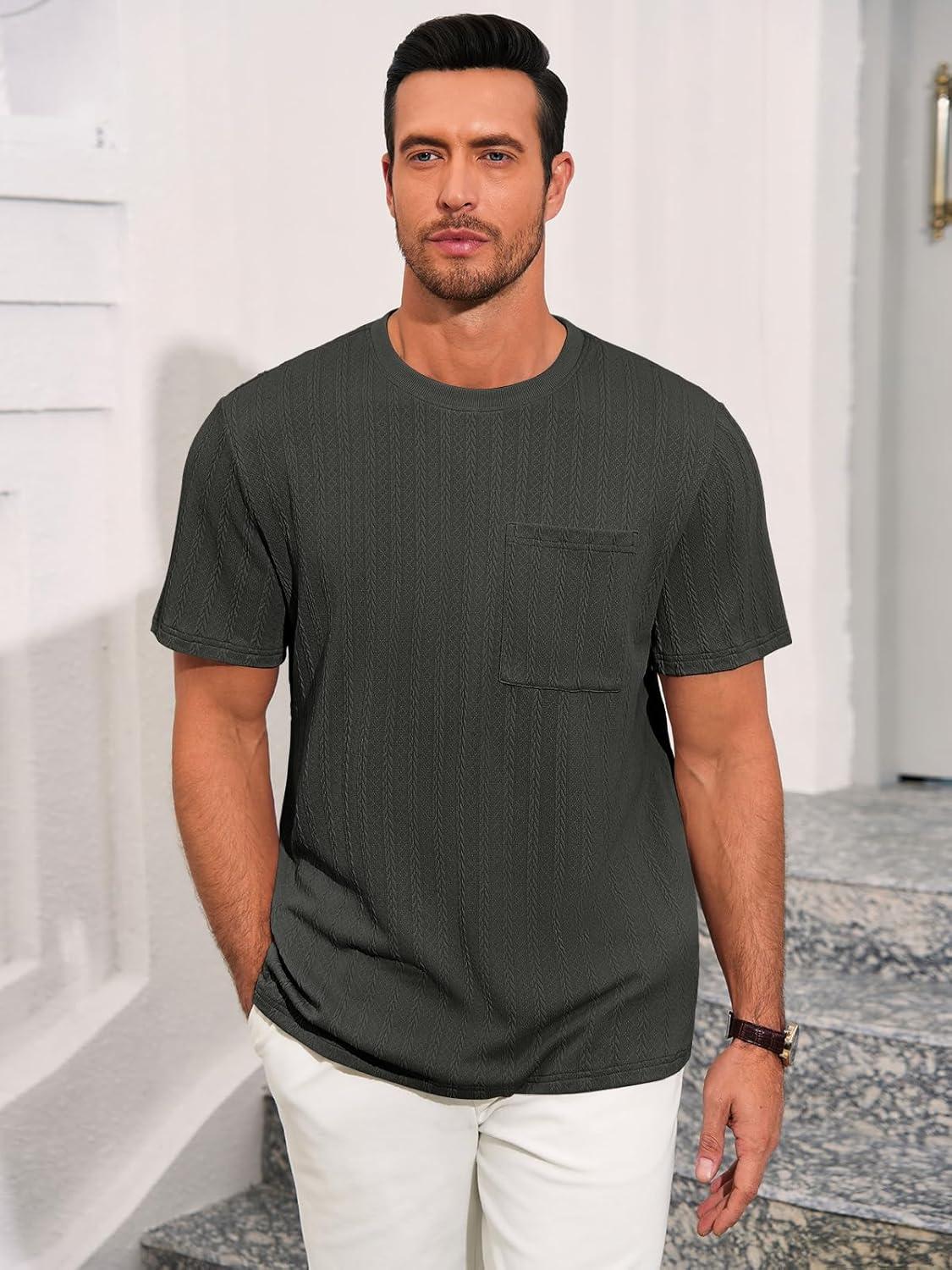 imageRuncati Mens Short Sleeve TShirts Casual Knit Texture Crewneck Pocket Tee Tops Loose Fit Summer ShirtDark Grey