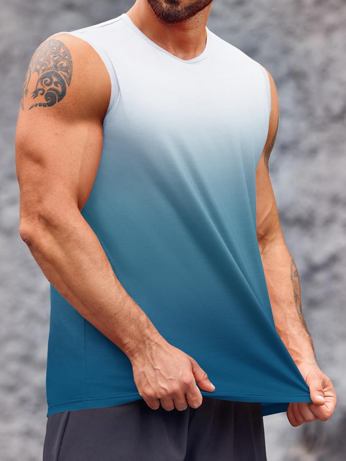 imageRuncati Mens Sleeveless Tank Tops Workout Muscle Gym T Shirts Crew Neck Gradient Tee TopsLake Blue