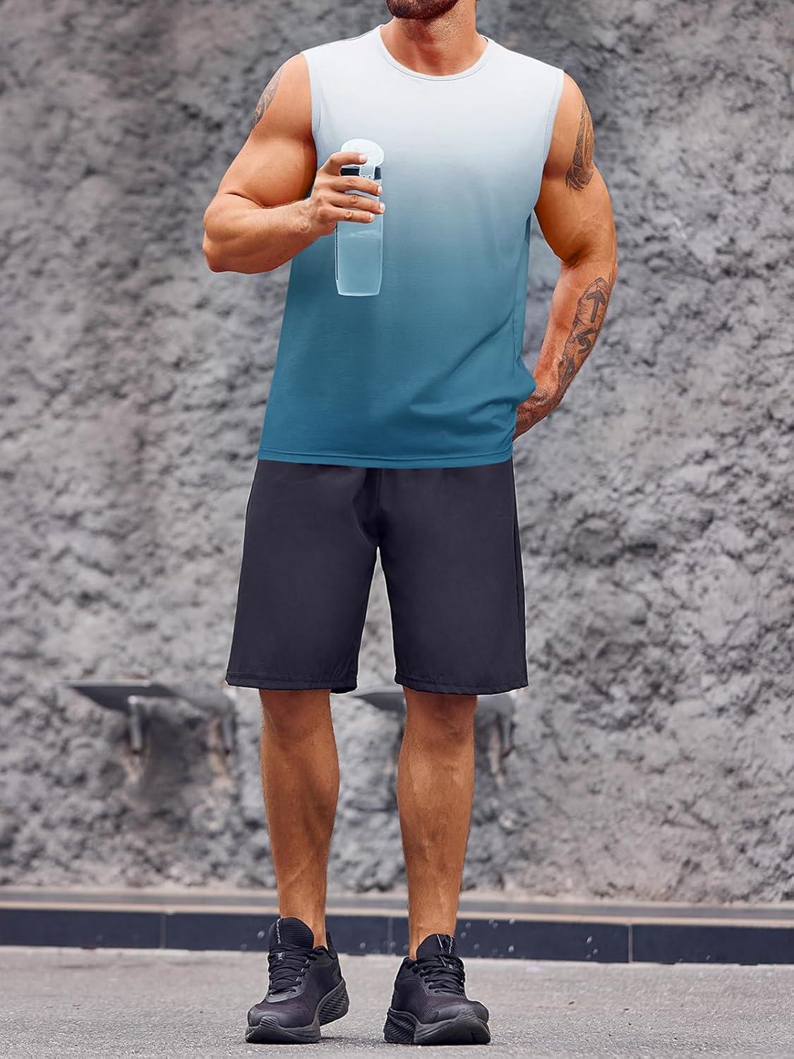 imageRuncati Mens Sleeveless Tank Tops Workout Muscle Gym T Shirts Crew Neck Gradient Tee TopsLake Blue