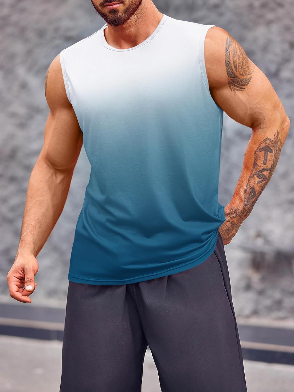 imageRuncati Mens Sleeveless Tank Tops Workout Muscle Gym T Shirts Crew Neck Gradient Tee TopsLake Blue
