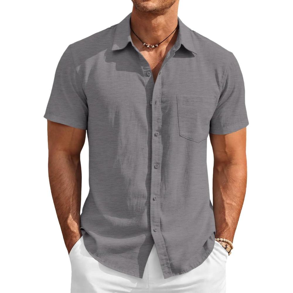 imageRuncati Mens Button Down Linen Shirt Short Sleeve Casual Vacation Shirts Summer Beach Wedding Tops with PocketGray