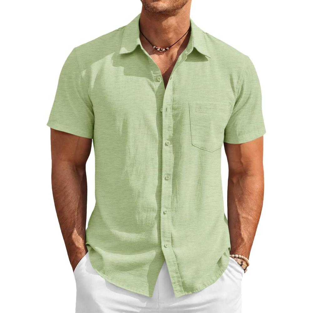 imageRuncati Mens Button Down Linen Shirt Short Sleeve Casual Vacation Shirts Summer Beach Wedding Tops with PocketMint
