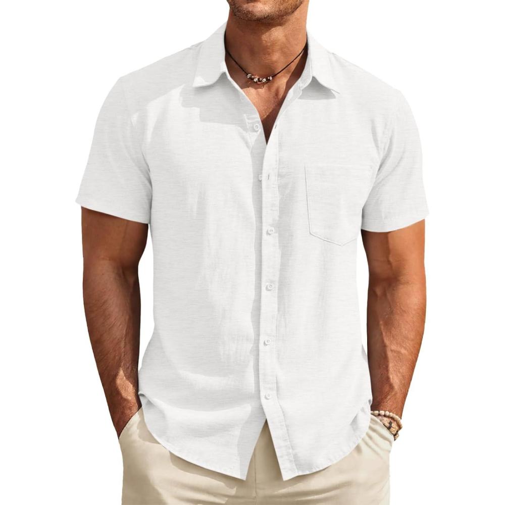 imageRuncati Mens Button Down Linen Shirt Short Sleeve Casual Vacation Shirts Summer Beach Wedding Tops with PocketWhite