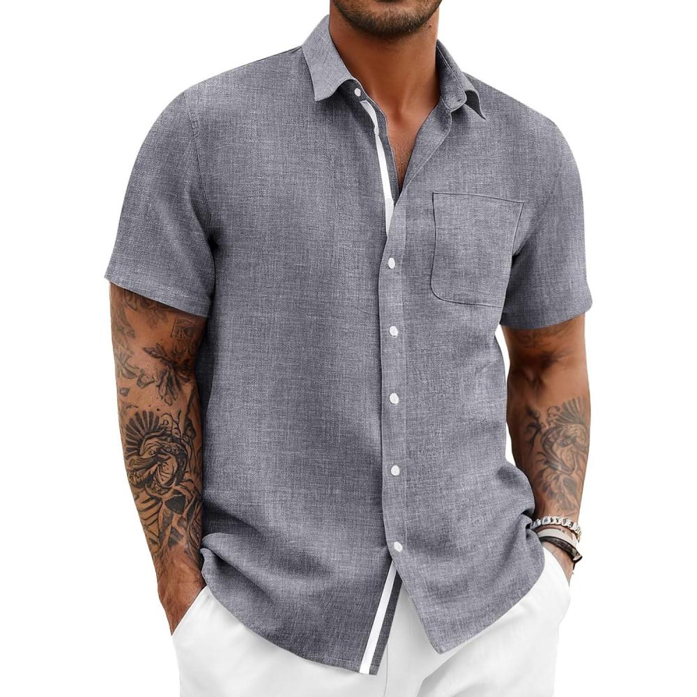 imageRuncati Mens Button Down Shirts Casual Short Sleeve Linen Shirt Summer Beach Wedding Tops with PocketGrey