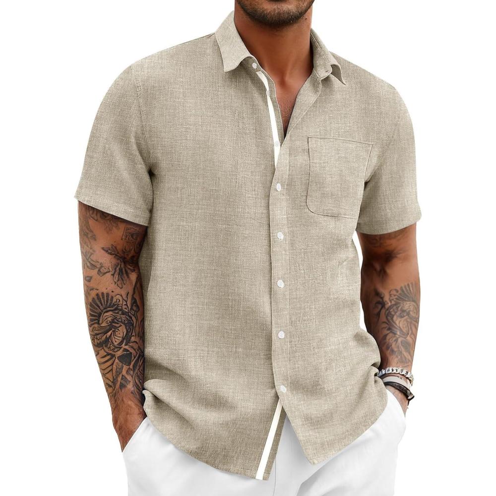 imageRuncati Mens Button Down Shirts Casual Short Sleeve Linen Shirt Summer Beach Wedding Tops with PocketKhaki