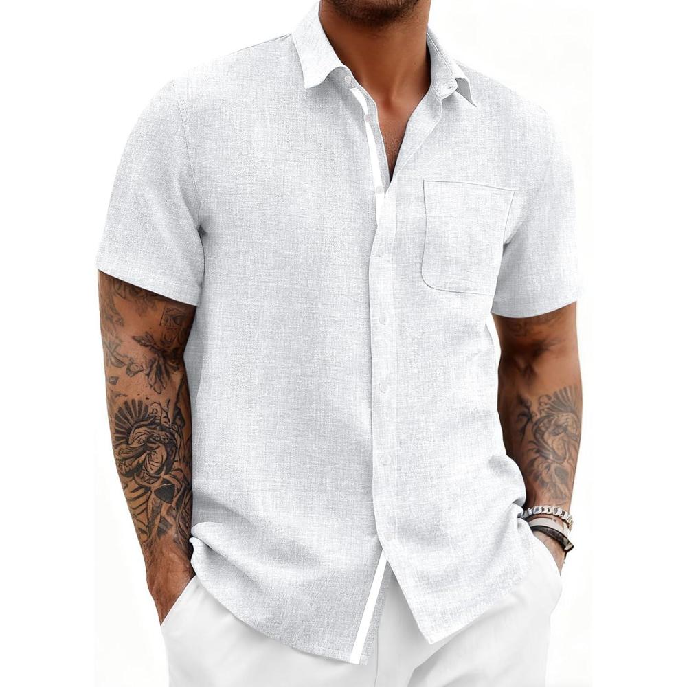 imageRuncati Mens Button Down Shirts Casual Short Sleeve Linen Shirt Summer Beach Wedding Tops with PocketWhite
