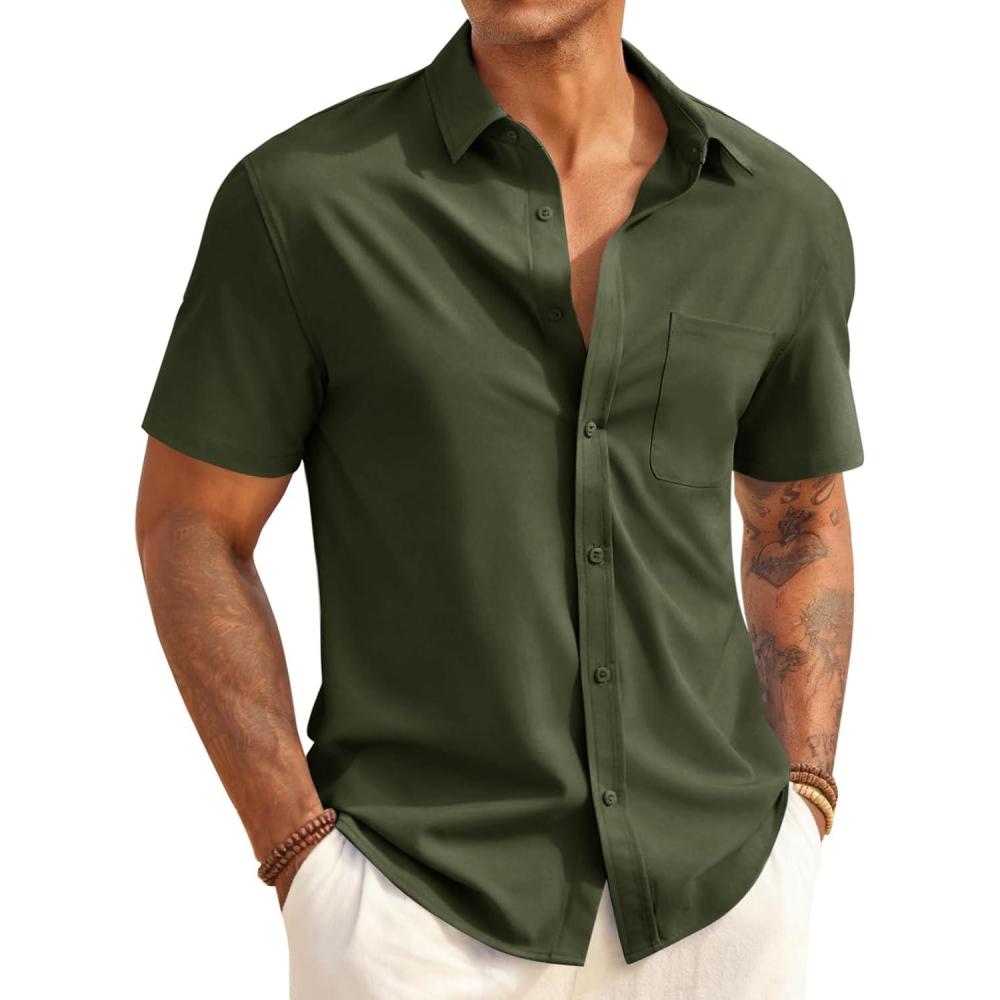 imageRuncati Mens Button Down Shirts Short Sleeve Casual Dress Shirt Summer Untucked Shirts with PocketArmy Green