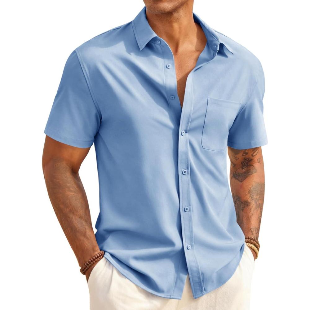 imageRuncati Mens Button Down Shirts Short Sleeve Casual Dress Shirt Summer Untucked Shirts with PocketLight Blue