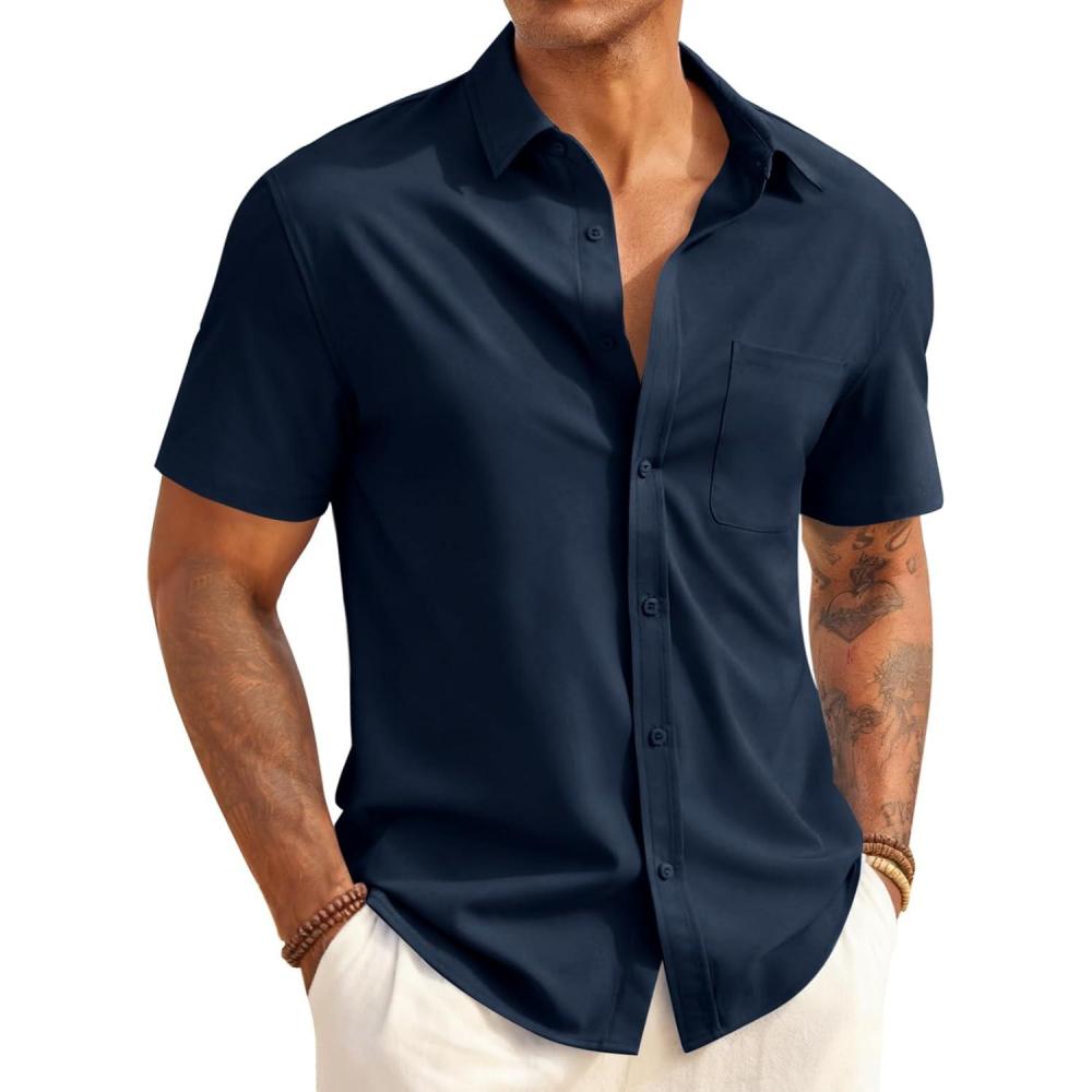 imageRuncati Mens Button Down Shirts Short Sleeve Casual Dress Shirt Summer Untucked Shirts with PocketNavy