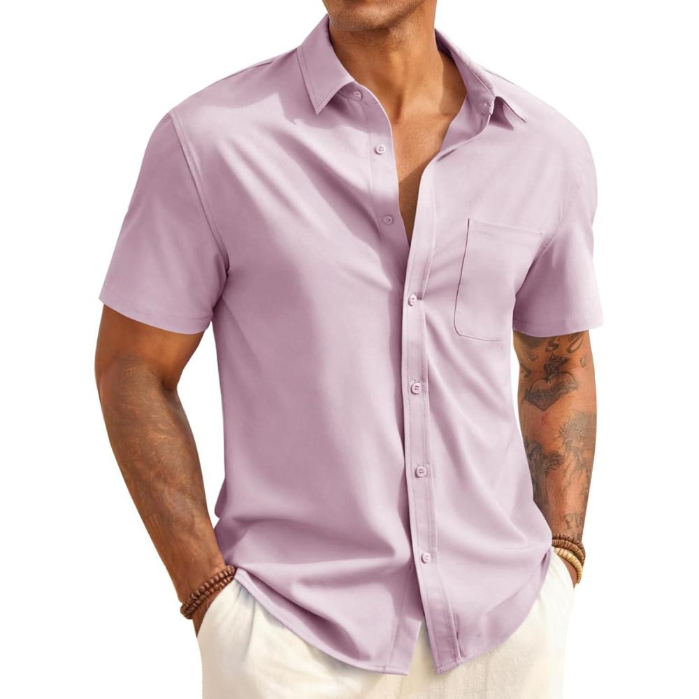 imageRuncati Mens Button Down Shirts Short Sleeve Casual Dress Shirt Summer Untucked Shirts with PocketPink