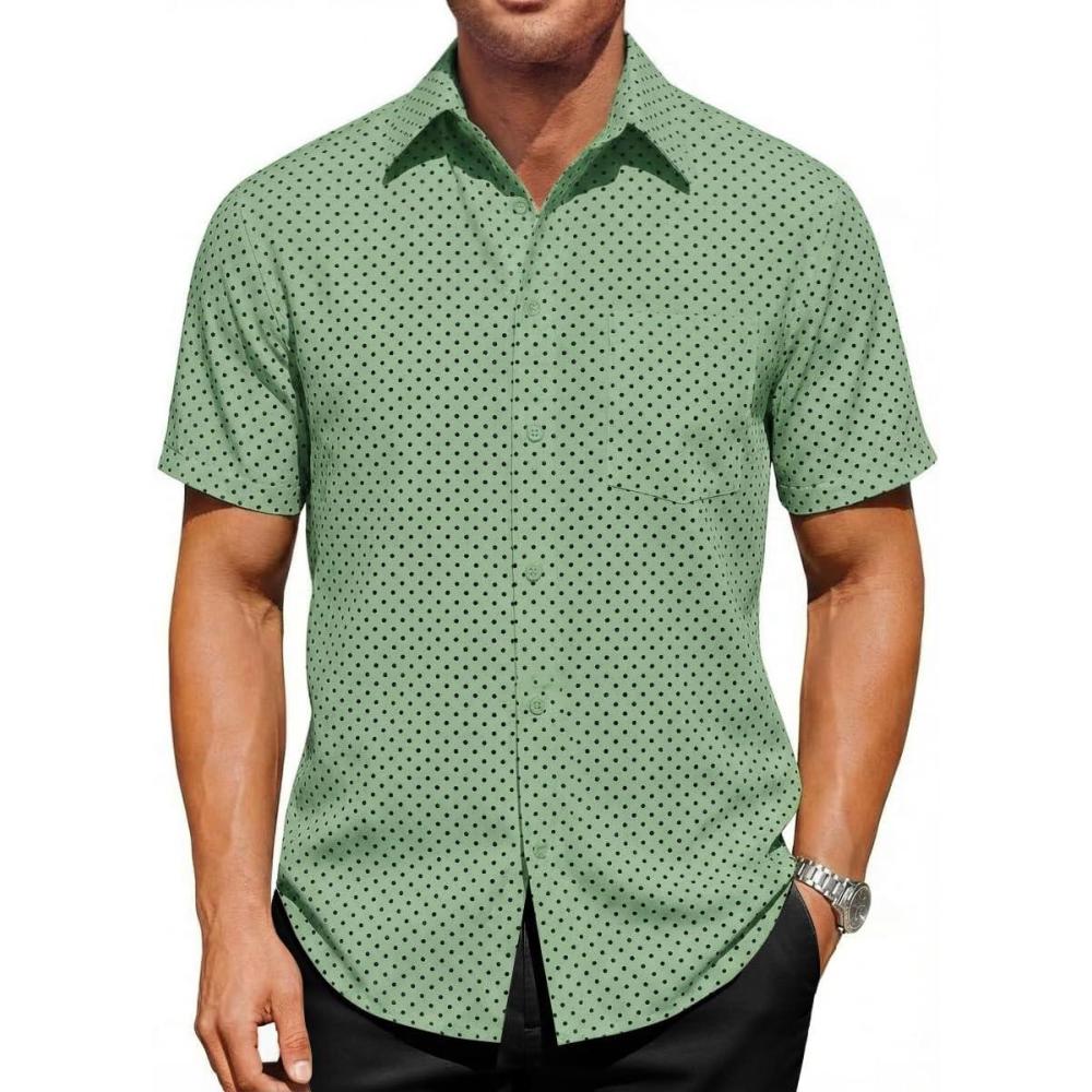 imageRuncati Mens Button Down Shirts Short Sleeve Wrinkle Free Dress Shirts Business Casual Polka Dot Print Shirt with PocketArmy Green