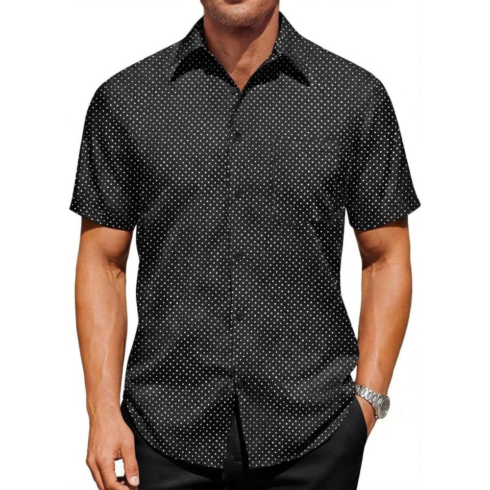 imageRuncati Mens Button Down Shirts Short Sleeve Wrinkle Free Dress Shirts Business Casual Polka Dot Print Shirt with PocketBlack