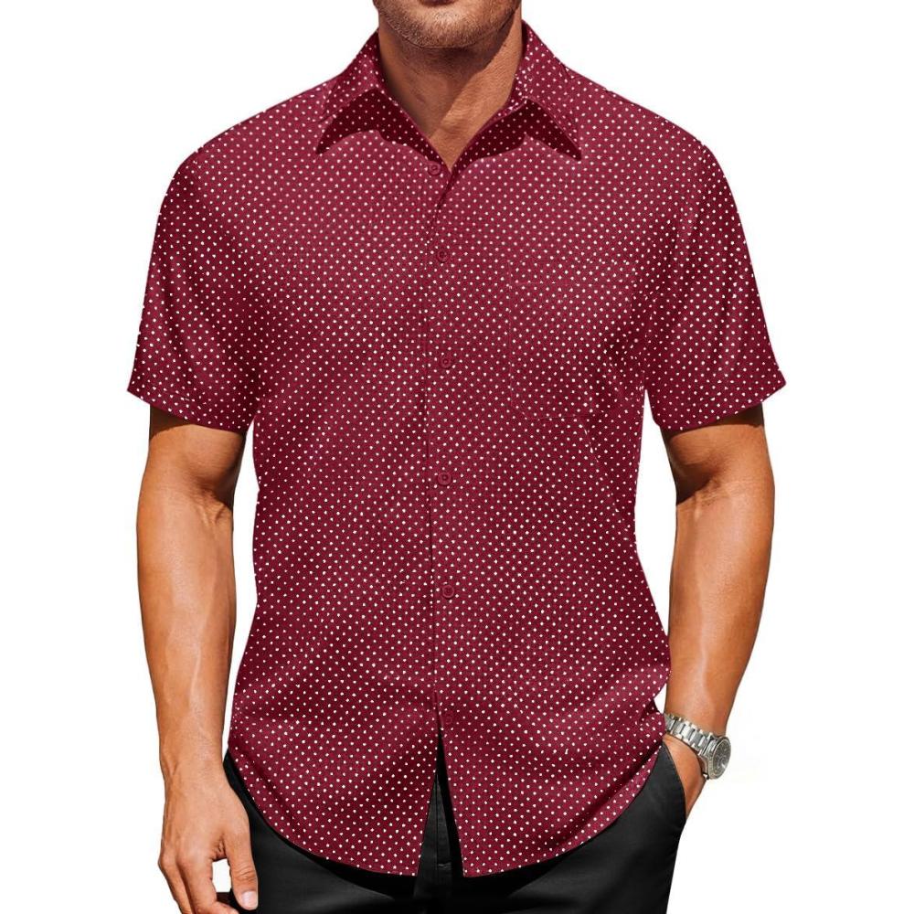 imageRuncati Mens Button Down Shirts Short Sleeve Wrinkle Free Dress Shirts Business Casual Polka Dot Print Shirt with PocketBurgundy