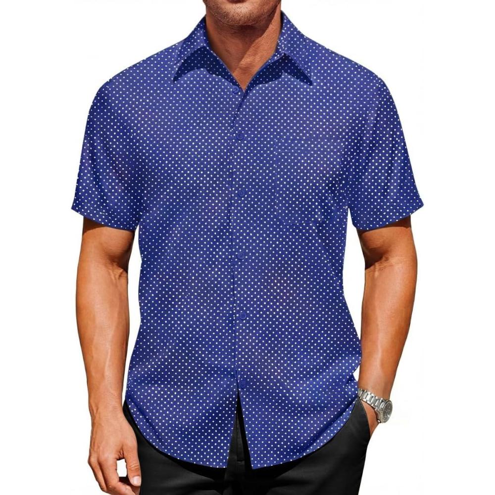 imageRuncati Mens Button Down Shirts Short Sleeve Wrinkle Free Dress Shirts Business Casual Polka Dot Print Shirt with PocketNavy