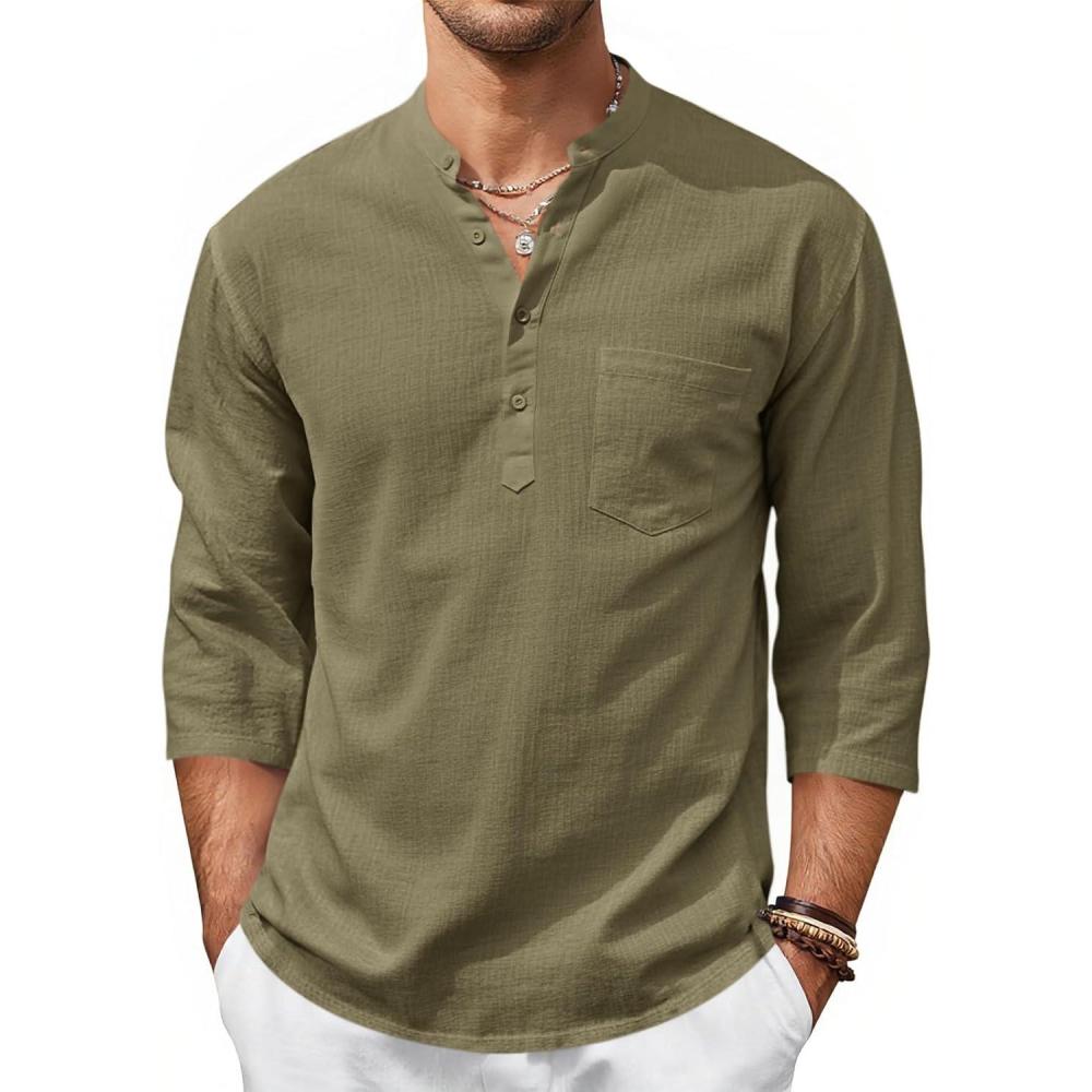 imageRuncati Mens Casual Henley Shirts 34 Sleeve Band Collar Cotton Linen Shirt Summer Beach Hippie TShirts with PocketArmy Green