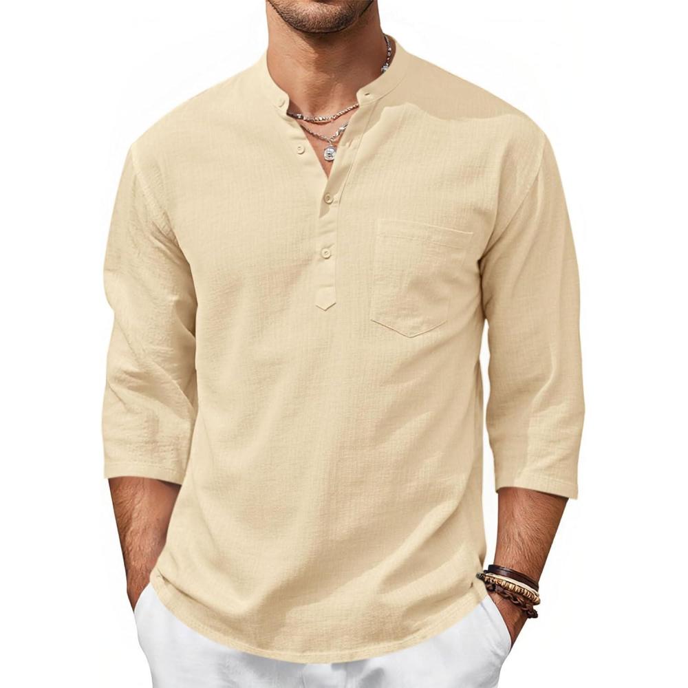 imageRuncati Mens Casual Henley Shirts 34 Sleeve Band Collar Cotton Linen Shirt Summer Beach Hippie TShirts with PocketBeige