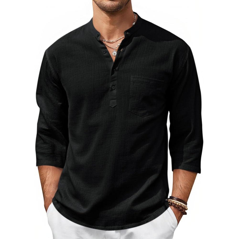 imageRuncati Mens Casual Henley Shirts 34 Sleeve Band Collar Cotton Linen Shirt Summer Beach Hippie TShirts with PocketBlack