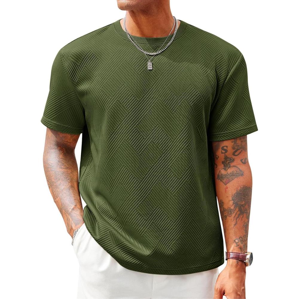 imageRuncati Mens Casual TShirts Short Sleeve Crewneck Summer Stretchy Shirt Textured Jacquard TopsArmy Green