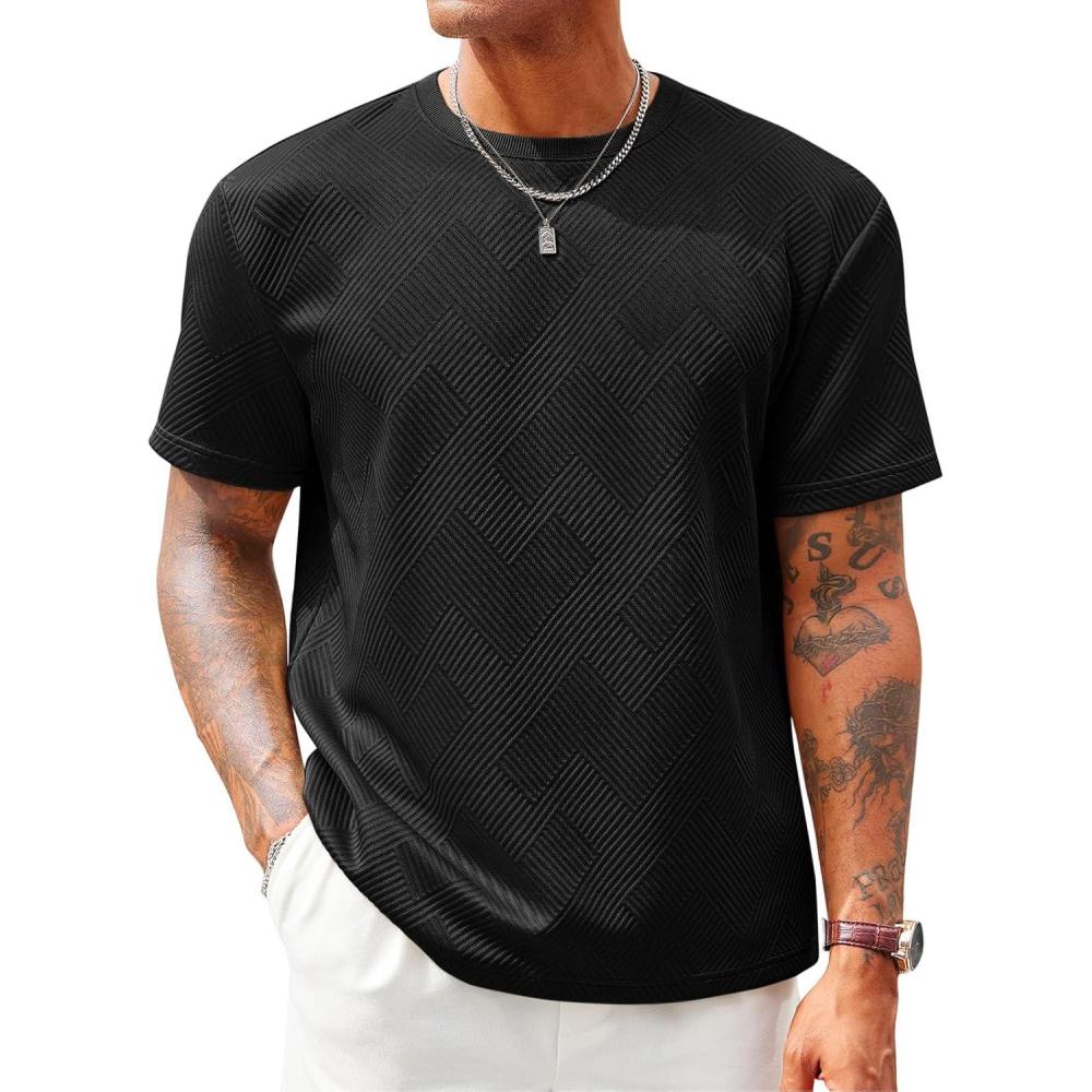imageRuncati Mens Casual TShirts Short Sleeve Crewneck Summer Stretchy Shirt Textured Jacquard TopsBlack