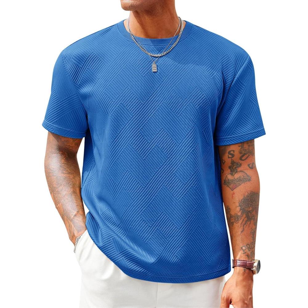 imageRuncati Mens Casual TShirts Short Sleeve Crewneck Summer Stretchy Shirt Textured Jacquard TopsBlue