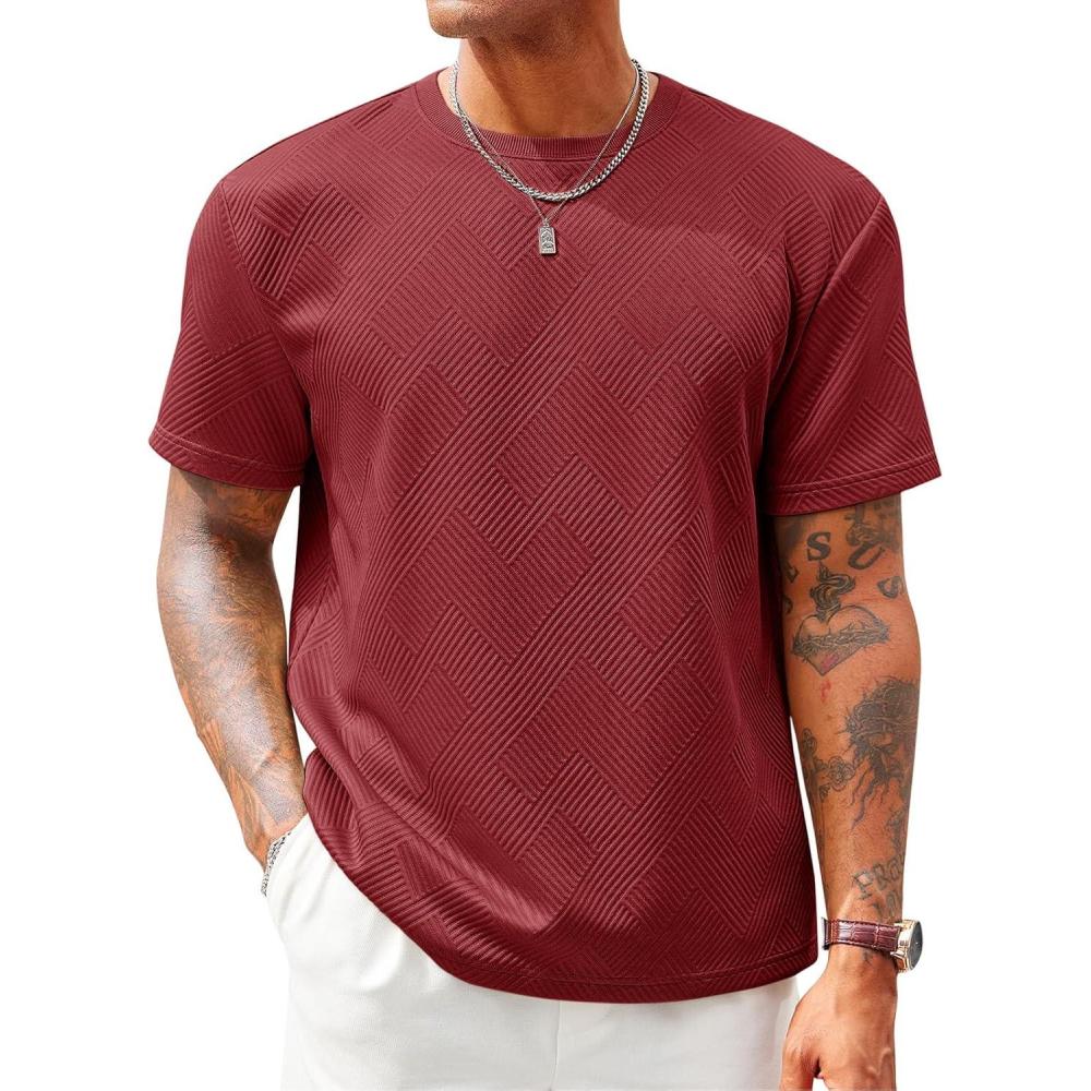 imageRuncati Mens Casual TShirts Short Sleeve Crewneck Summer Stretchy Shirt Textured Jacquard TopsBurgundy
