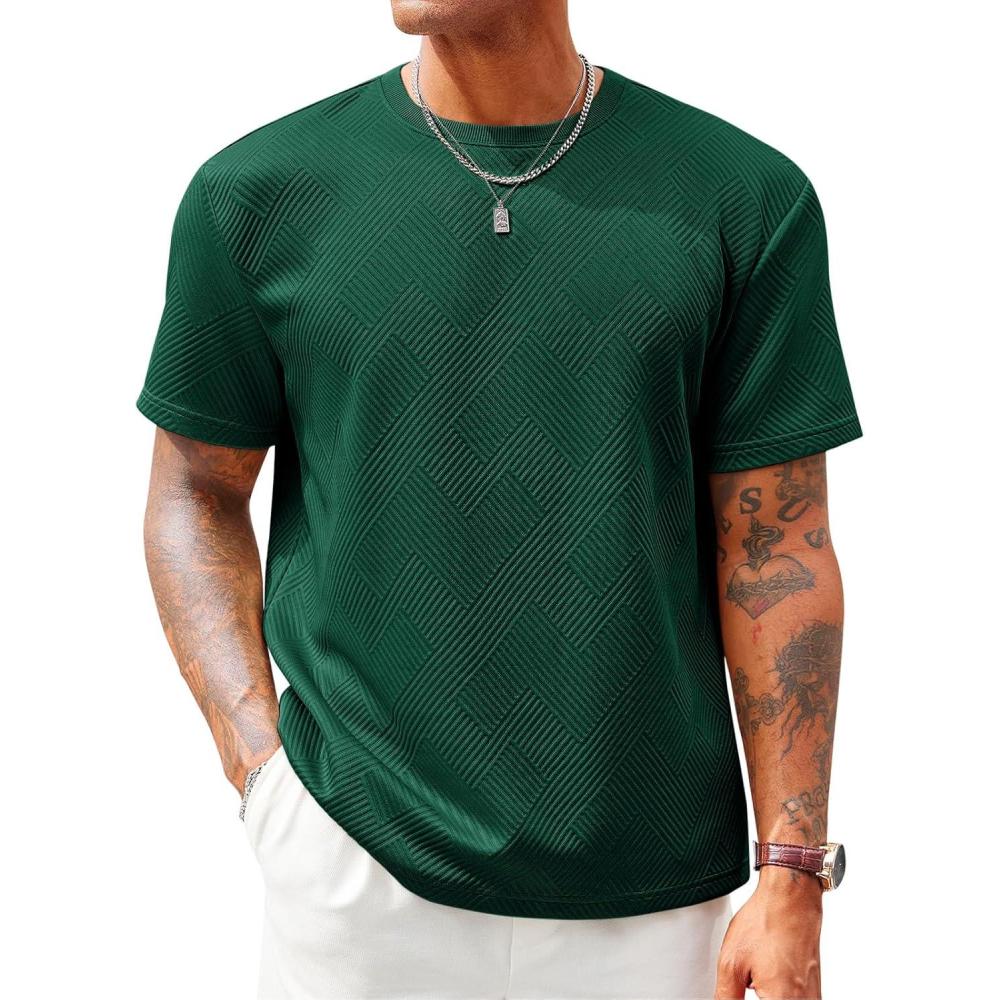 imageRuncati Mens Casual TShirts Short Sleeve Crewneck Summer Stretchy Shirt Textured Jacquard TopsDark Green