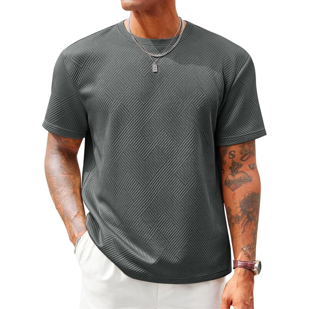 imageRuncati Mens Casual TShirts Short Sleeve Crewneck Summer Stretchy Shirt Textured Jacquard TopsDark Grey
