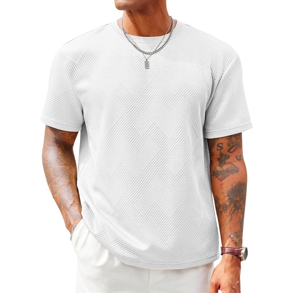 imageRuncati Mens Casual TShirts Short Sleeve Crewneck Summer Stretchy Shirt Textured Jacquard TopsWhite
