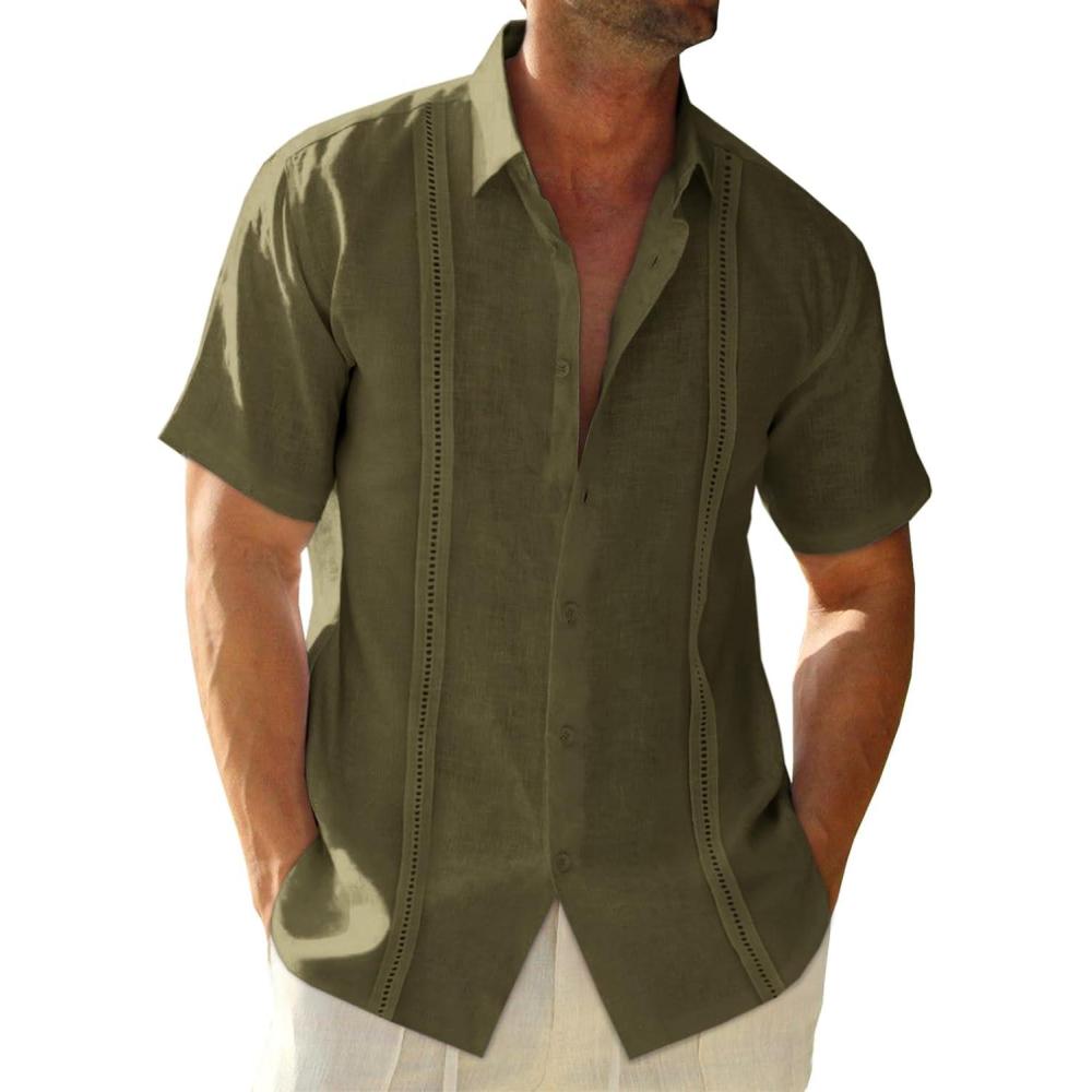 imageRuncati Mens Linen Cuban Guayabera Shirts Button Down Short Sleeve Shirt Cotton Hippie Summer Beach Vacation ShirtsArmy Green