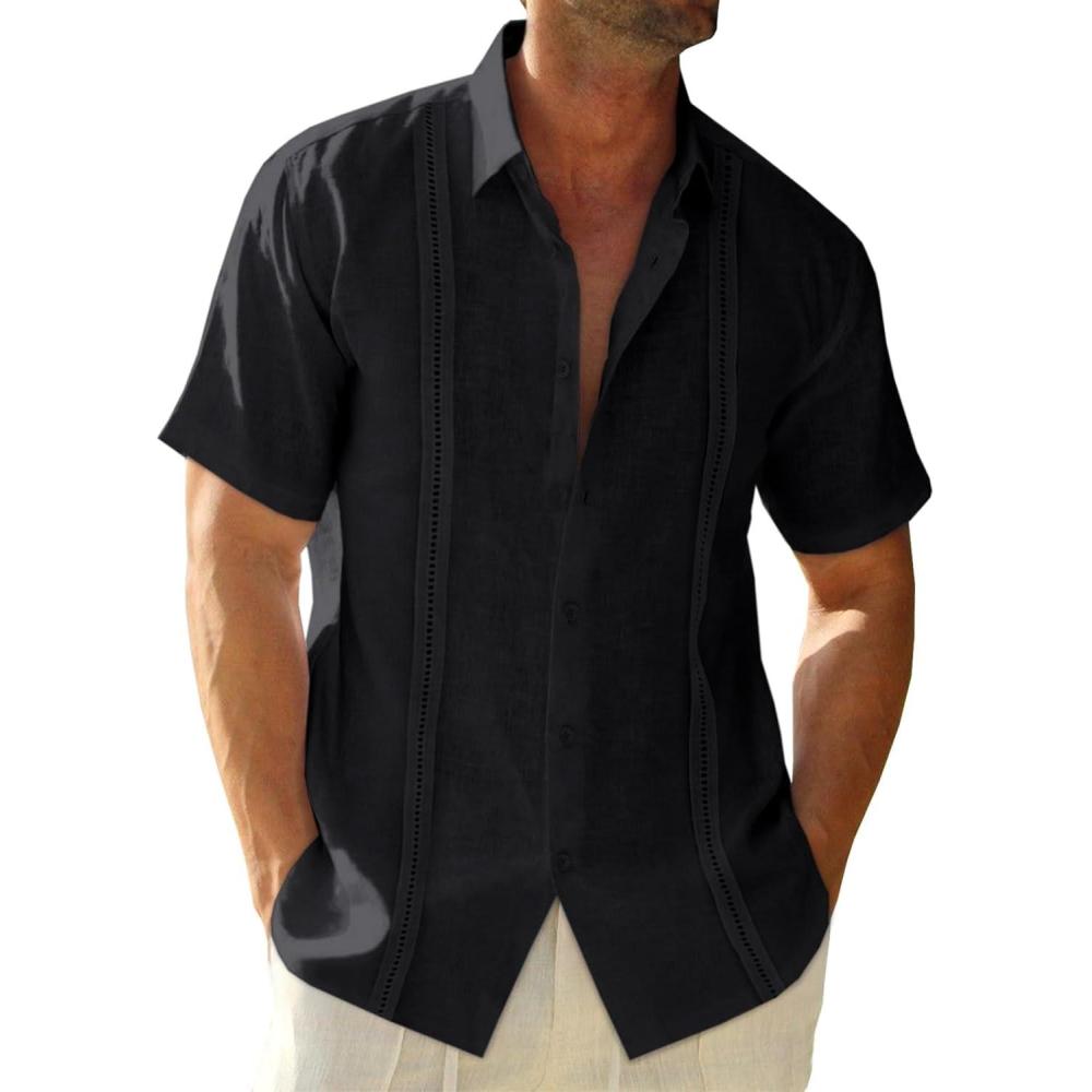 imageRuncati Mens Linen Cuban Guayabera Shirts Button Down Short Sleeve Shirt Cotton Hippie Summer Beach Vacation ShirtsBlack