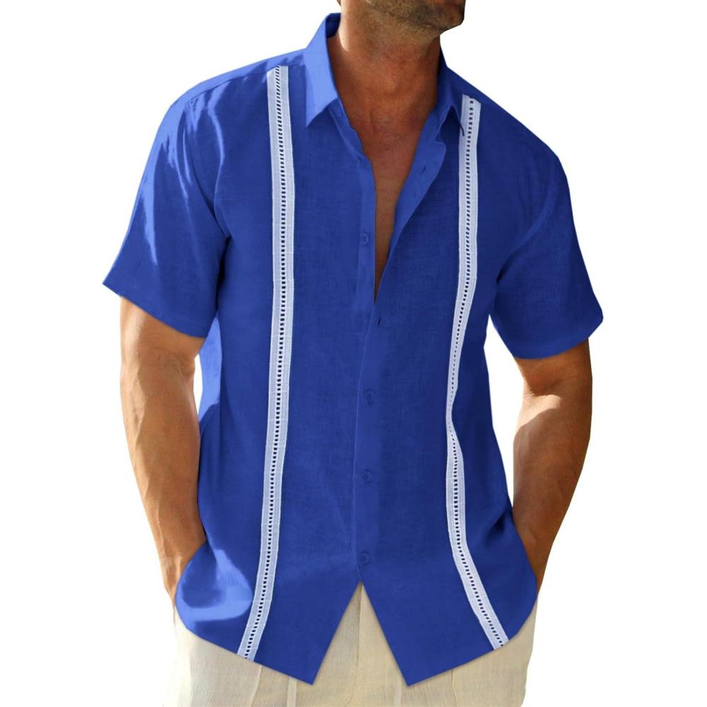 imageRuncati Mens Linen Cuban Guayabera Shirts Button Down Short Sleeve Shirt Cotton Hippie Summer Beach Vacation ShirtsBlue