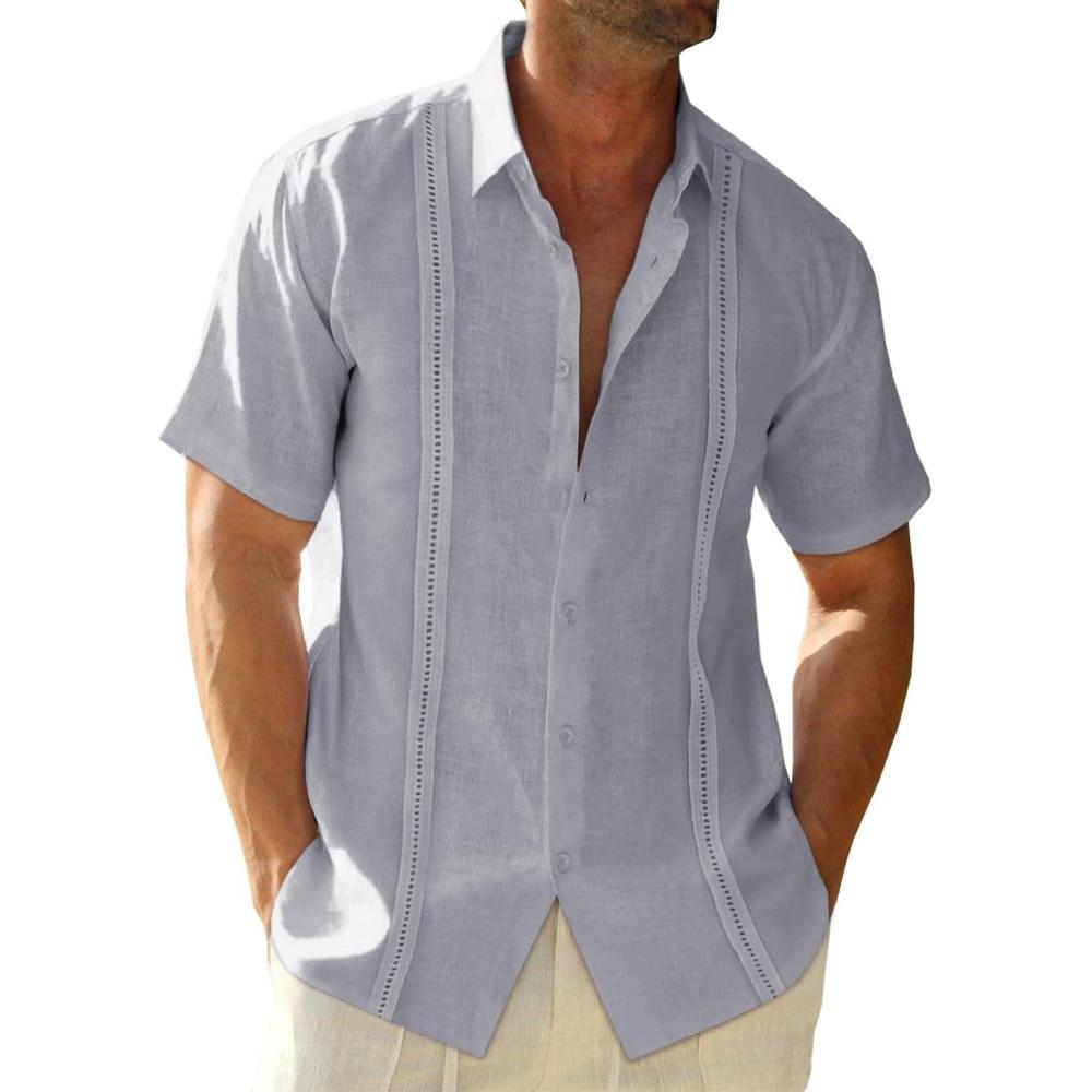 imageRuncati Mens Linen Cuban Guayabera Shirts Button Down Short Sleeve Shirt Cotton Hippie Summer Beach Vacation ShirtsGrey