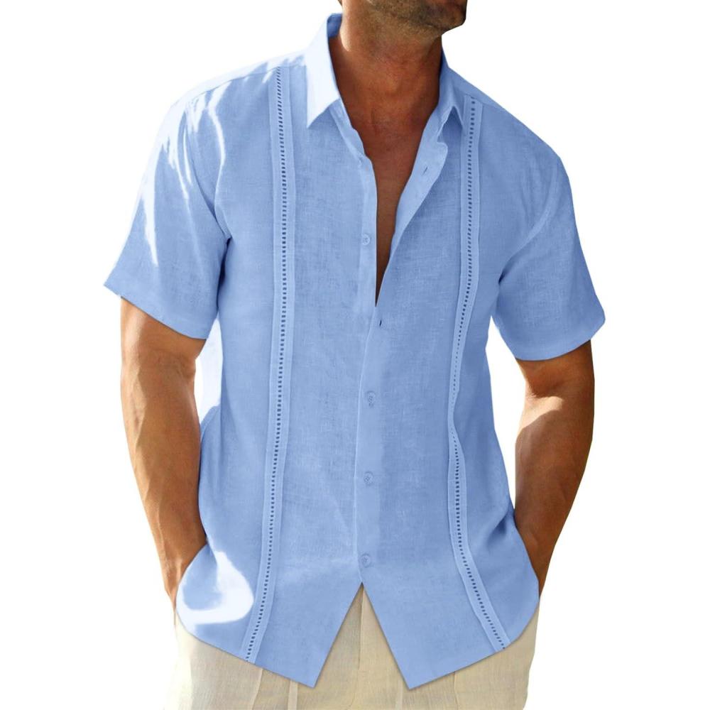 imageRuncati Mens Linen Cuban Guayabera Shirts Button Down Short Sleeve Shirt Cotton Hippie Summer Beach Vacation ShirtsSky Blue