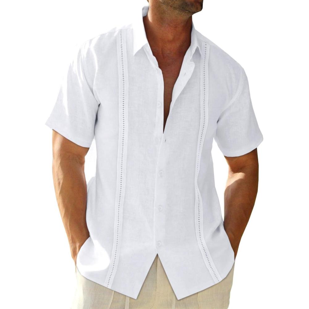 imageRuncati Mens Linen Cuban Guayabera Shirts Button Down Short Sleeve Shirt Cotton Hippie Summer Beach Vacation ShirtsWhite