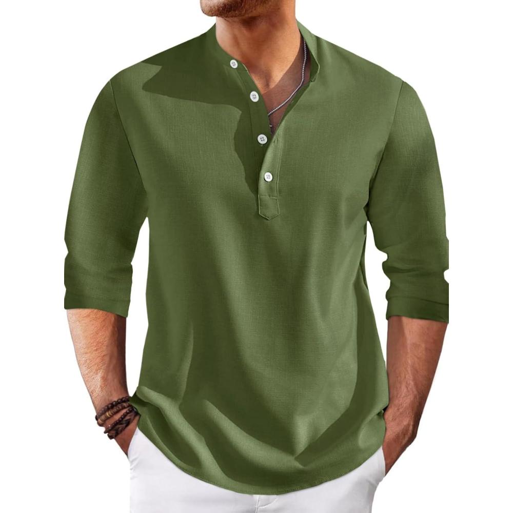 imageRuncati Mens Linen Henley Shirts Casual Lightweight 34 Sleeve TShirt Summer Beach Yoga Hippie TopsArmy Green